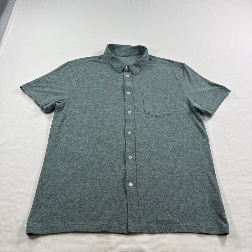 Vuori Shirt Mens Medium Blue Green Button Up Ponto Short Sleeve Stretch Camp